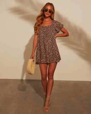 VICI Dress Womens Size XS Aletta Floral Print Mini Puff Sleeve Tie Back Babydoll