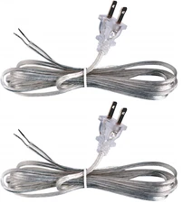 Silver Lamp Cord, 8 Foot Long Replacement Repair Part, 18/2 SPT-1 Wire - 2 Pack