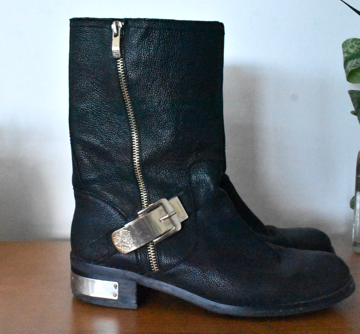 Black Vince Camuto WEX Leather Motorcycle Boots W Gold-toned Accents