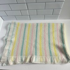 White Satin Trim Acrylic Baby Nursery Blanket Pastel Stripes