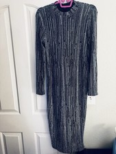 Black Silver Striped Long Sleeve Bodycon Midi Dress Crew Neck Medium EU 38 US 6