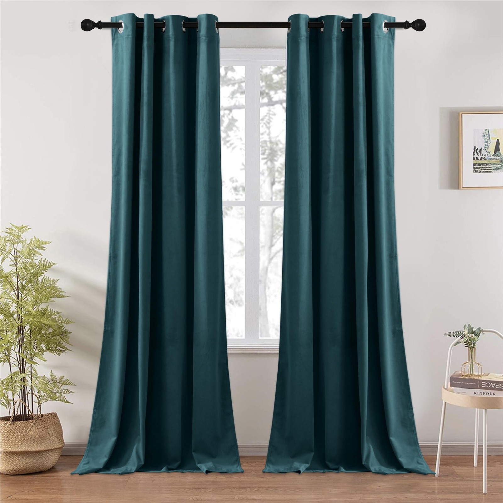 Teal Velvet Blackout Curtains 90 Inch Long 2 Panels Set for Living Room Bedroom-image
