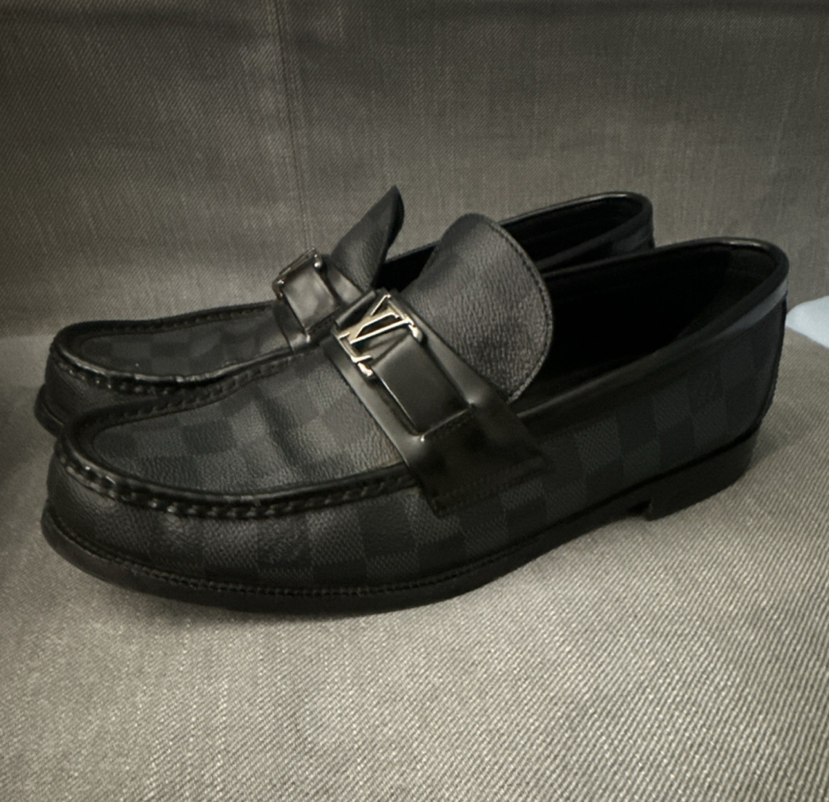 Louis Vuitton Hockenheim Black Checkered Leather Loafer Men's Slip