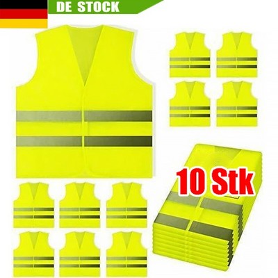 10x Warnwesten Unfallweste Neon Gelb Auto Warnweste Sicherheits Weste KFZ Vest