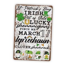 St. Patrick  s Day Metal Tin Sign, Lucky Shamrock, Pot of Gold, Leprechaun 