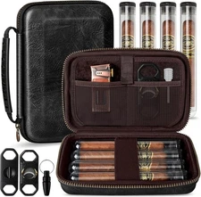 Portable Leather Cigar Humidor Case with Accessories Gift Set (Black)