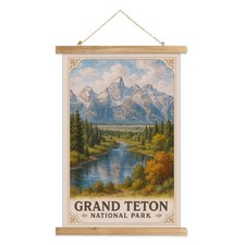Grand Teton National Park Art Print, Vintage Linen Canvas Poster with Solid W...