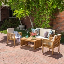 4pcs Chat Set Outdoor Patio Furniture Sets for Garden with Cushion Acacia Wood