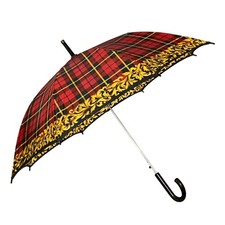 Vintage Tartan Plaid Umbrella Red Black Check with Gold Baroque Border, Black
