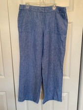 Talbots light blue 100 linen washable belted wide-leg trousers pants Sz 14