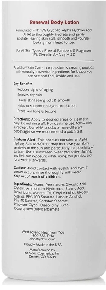 NEW Alpha Skin Care Renewal Body Lotion 12% Glycolic Acid Full Size Cream 12oz - Image 2 of 3