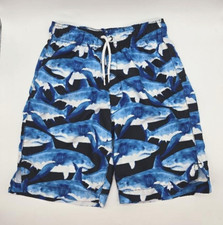 Shark Swim Trunks Boys L 10 12 Blue Drawstring Mesh Lined Swim Shorts