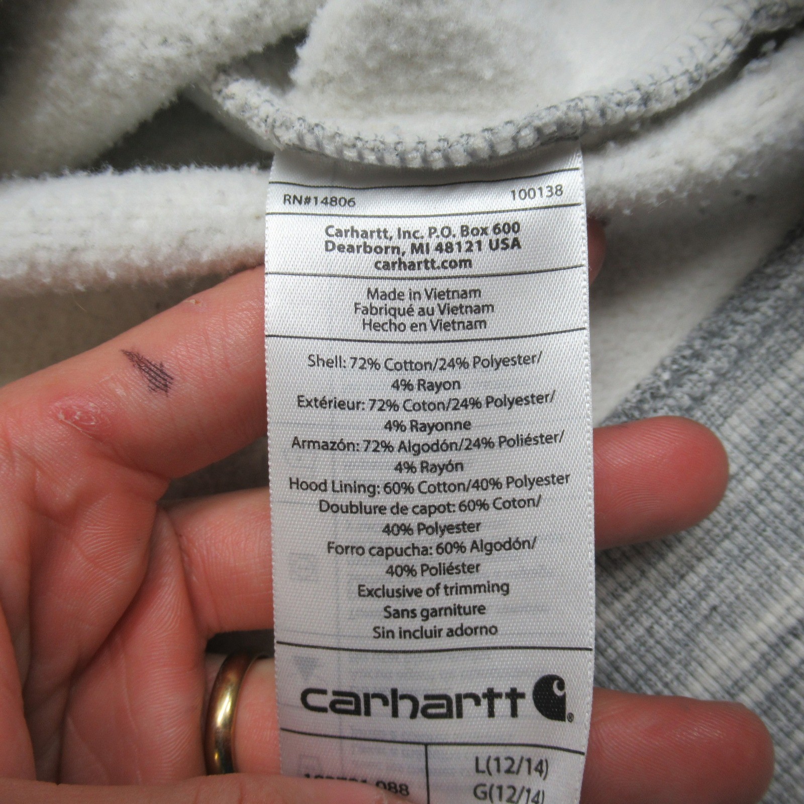 Carhartt Hoodie Womens Large 12/14 White Heather Striped Sleeve Logo Pullover thumbnail 4