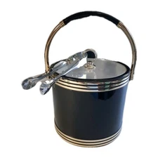 Vintage MCM Shelton Ware Brn Ice Bucket w/Lucite Lid, Handle, Tongs Mid Century