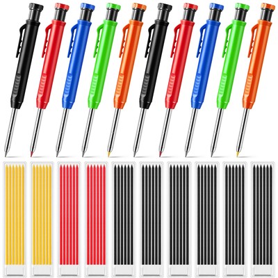 10 Pcs Solid Carpenter Pencils with 60 Pcs 2.8mm Refills Long Nosed Deep Hole...