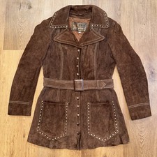 Montgomery Ward Leather Jacket Trench Coat Suede Womens Belted Vtg 60s 70s Disco