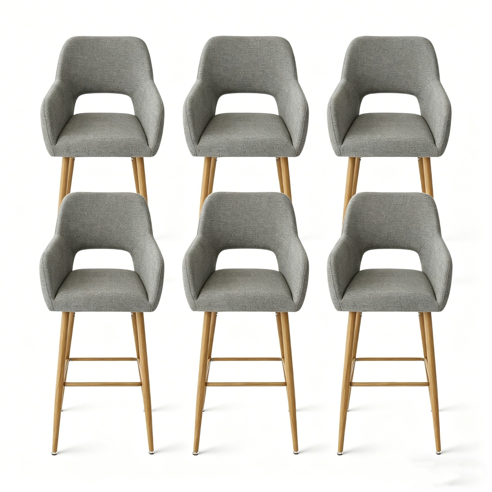 Set of 6 Grey Fabric Counter Height Bar Stools with Arms 25.5" Modern Bar Chair