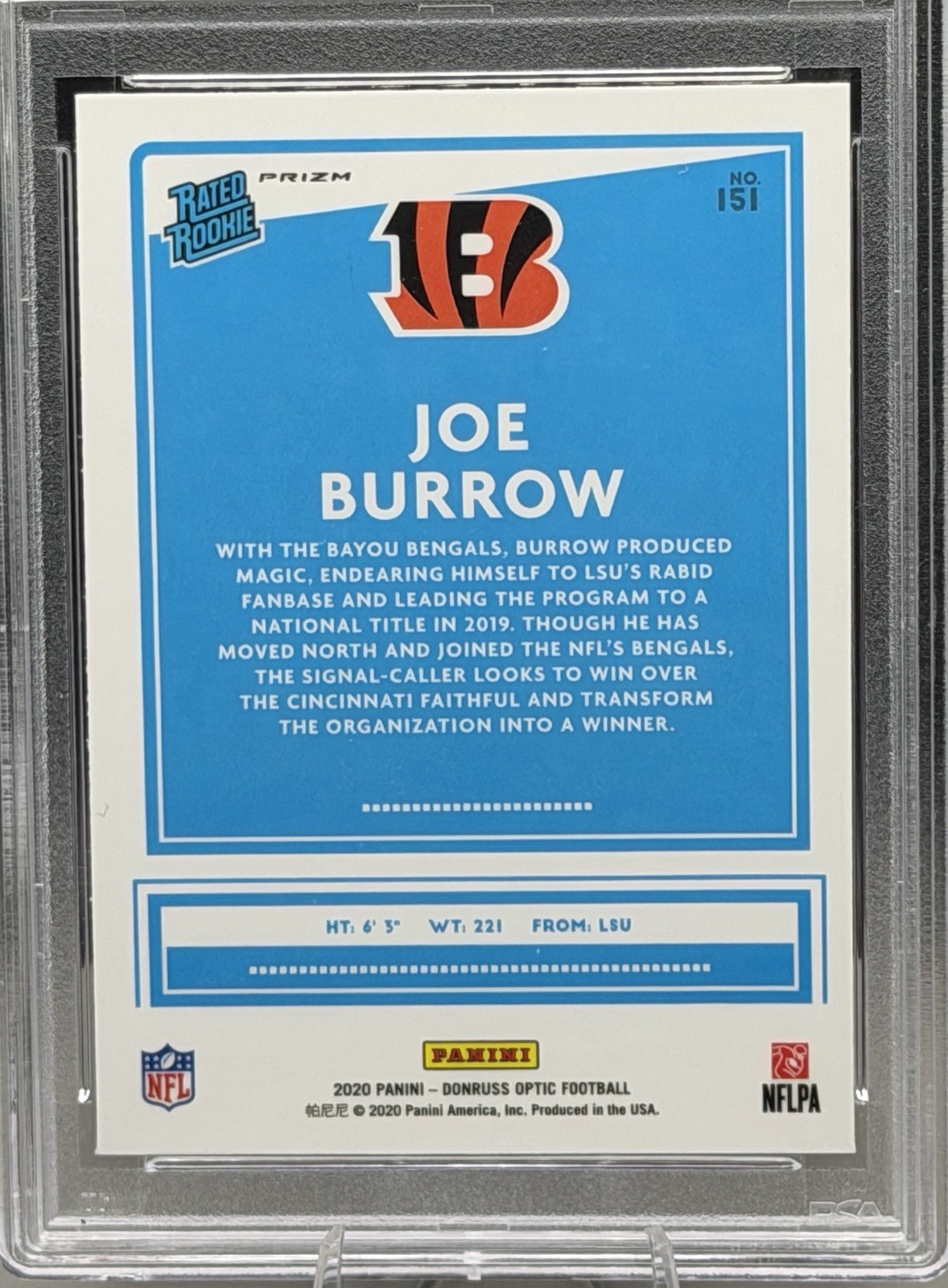 2020 Panini Donruss Optic - Rated Rookies Joe Burrow #151 Pink Prizm (RC) PSA 9 view 5