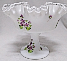 FENTON "Violets In The Snow" 8 Point Ruffled Silver Crest Milk Glass Compote 8”