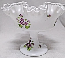 FENTON "Violets In The Snow" 8 Point Ruffled Silver Crest Milk Glass Compote 8”