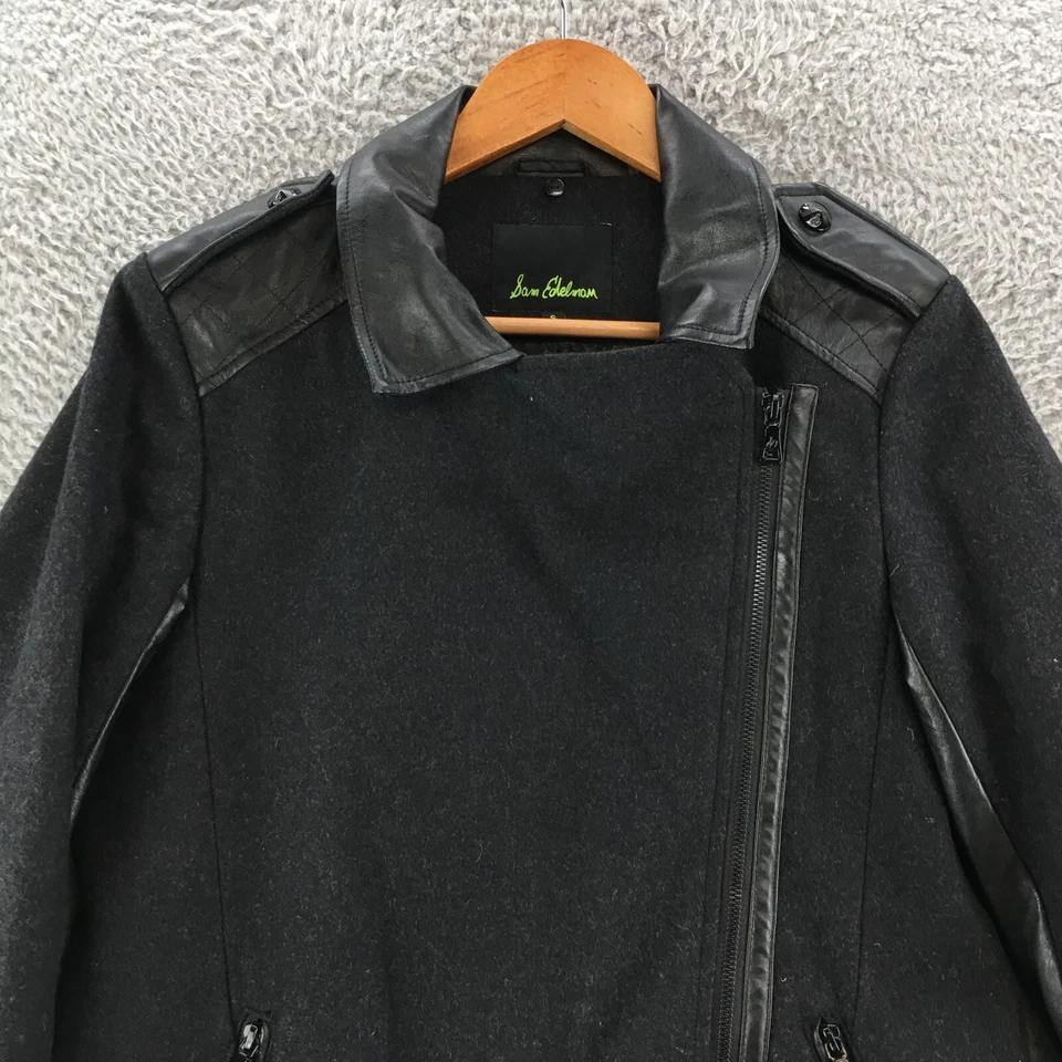 Abrigo de lana Sam Edelman asimétrico con cremallera para mujer pequeño negro imitación cuero cuello ribete Foto 2 de 4