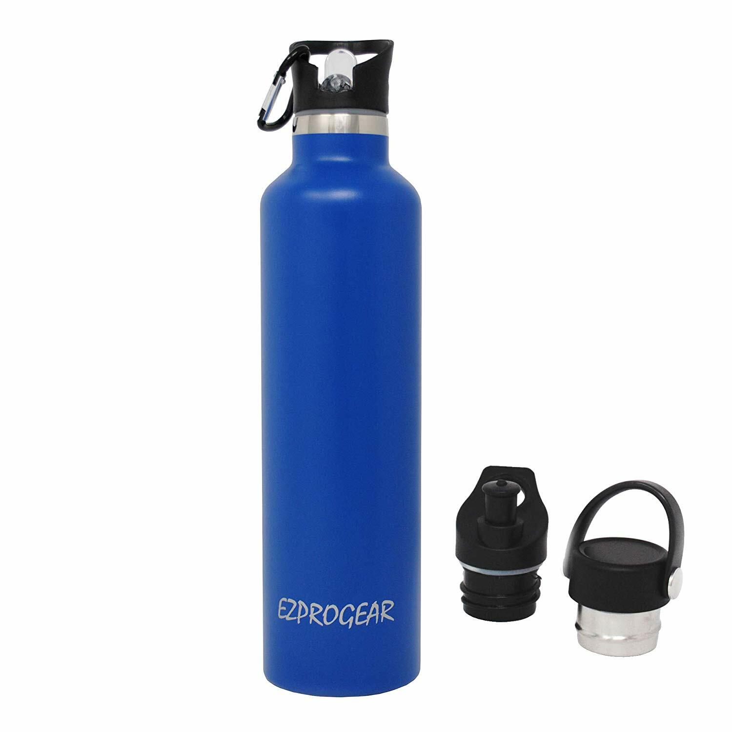 Stainless Steel Vacuum Insulated Double Wall Water Bottle  w/3 Lid, Straws, Clip