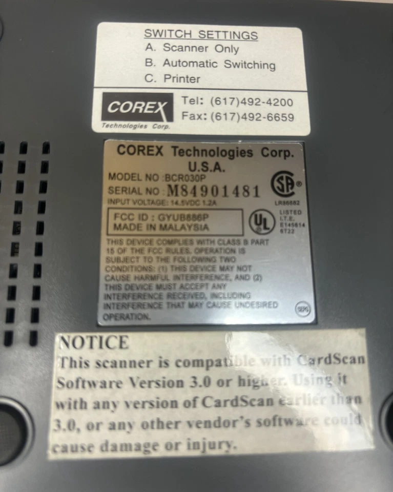 COREX CARDSCAN 300 BUSINESS CARD SCANNER BCR030P W/ POWER ADAPTER & CABLE - Image 4 of 4