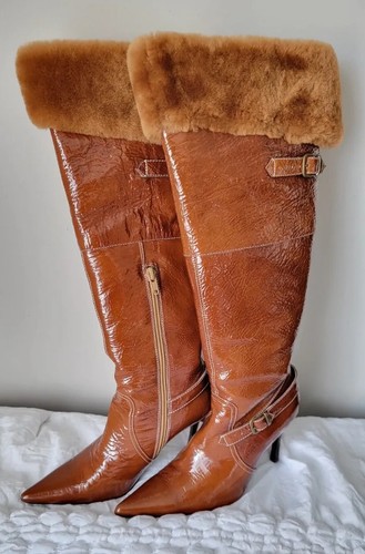 Luichiny Y2K Beige Caramel PATENT Pump Leather Boots With Fur Womens US 6 B - Imagen 18 de 18