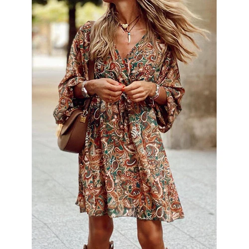 Mujeres Boho Cuello en V Floral Maxi Vestido Damas Verano Playa Solero Vestido Asiático talla - Imagen 5 de 14