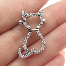 925 Sterling Silver Round-Cut Shaped C Z Cat / Kitty Modernist Slide Pendant