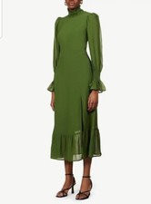 Reformation Galena High Meck Smocked Midi Fress in Moss Green size 0 Side Slit