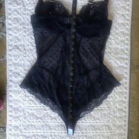 Dita Von Teese Navy Fiamma Bodysuit Swiss Dot & Scrollwork Lace 34D Cheeky Back