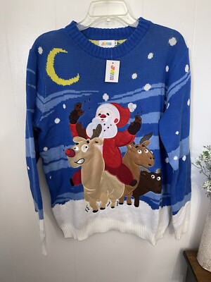 Joyin M L Santa Reindeer Blue Holiday Sweater NWT 