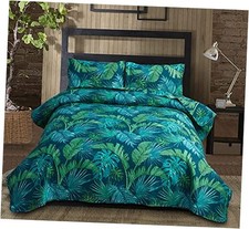 Tropical Green Palm Tree Leaf Print Bedspread Set - Queen/Full Summer Forest