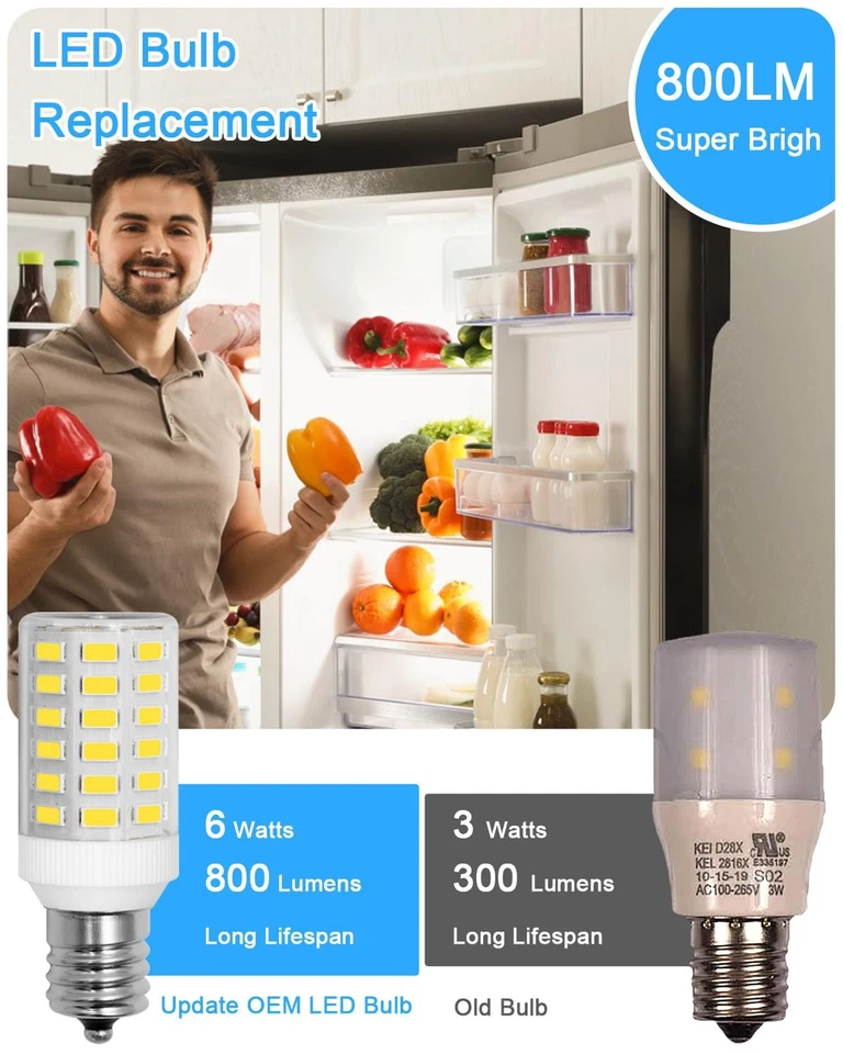 Refrigerator Light Bulb LED 3.8W E17 2-Pack 100-265V Daylight 5000K KEI D28 - Image 2 of 4