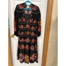 Farm Rio Chenille flowers long sleeve midi dress tiered XS