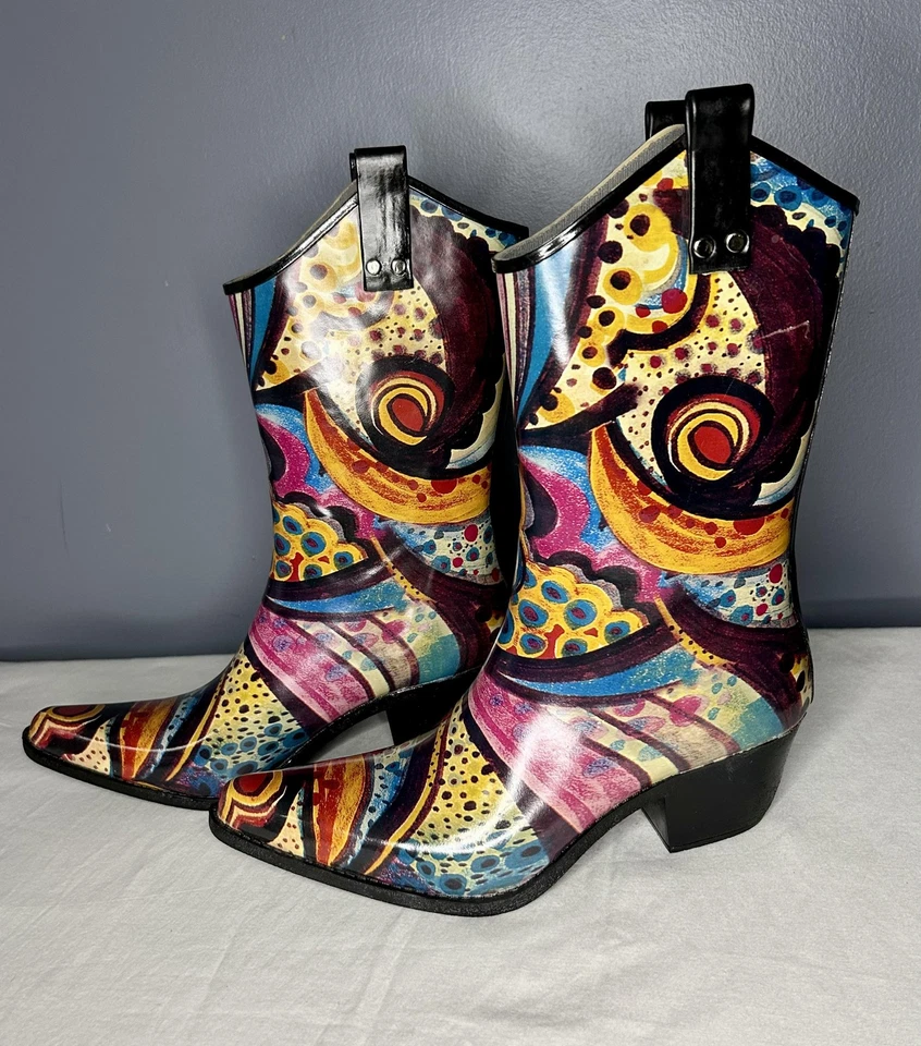 Botas Nomad Para Mujer Talla 9 Yippy Vaquero Occidental Lluvia Goma Pull On Arte Para Usar Foto 2 de 4