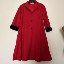 Vintage Leslie Fay Coat Womens Large Red Wool Fur Trim Button Front Overcoat USA