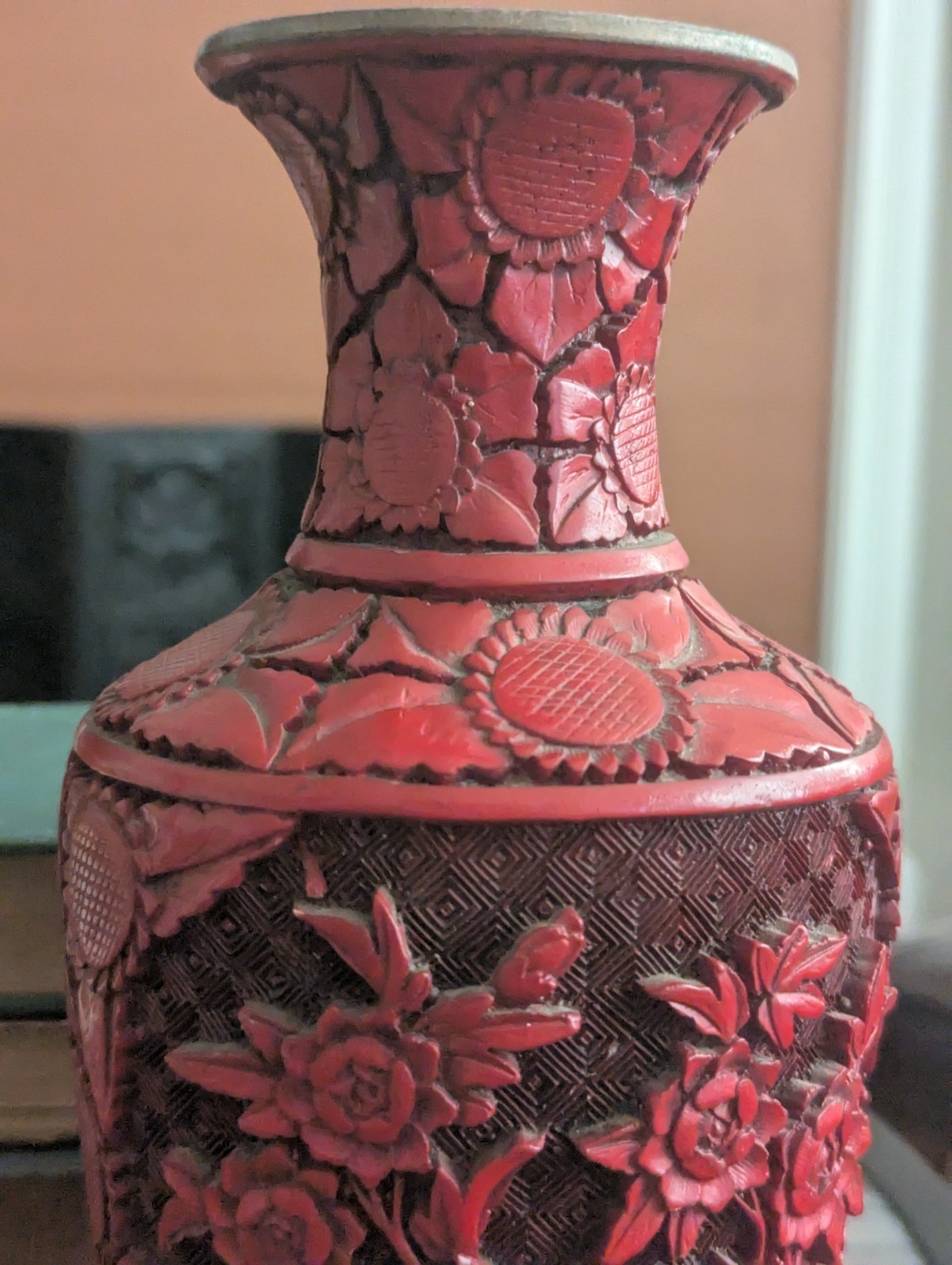 Vtg Floral Cinnabar Vase Scenic Panel Art 9 in Chinoiserie Decor Brass Interior