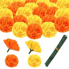 50 Pcs Marigold Flower Heads Bulk, Artificial Mexican Flowers Silk Fake Marig...