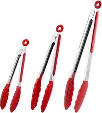 Set of 3 Red Cooking Tongs with Silicone Tips Stainless Steel 8" 10" 12"  BBQ