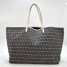 FENDI Tote Shoulder Bag Navy White Leather Canvas Zucchino Women From Japan