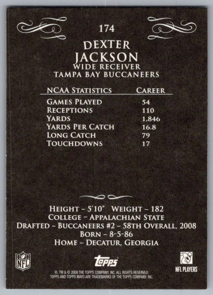 2008 Topps Mayo Dexter Jackson Rookie Tampa Bay Buccaneers #174 - Image 2 of 2