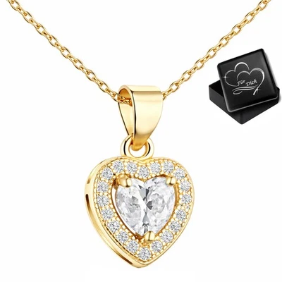 925 Silber Damen Kette gold vergoldet Herz Anhänger Zirkonia Geschenk elegant - Bild 1 von 4