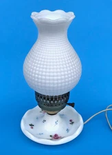 Vintage Milk Glass Hand painted Roses Tray Electric Lantern Lamp w Brass Knob 12