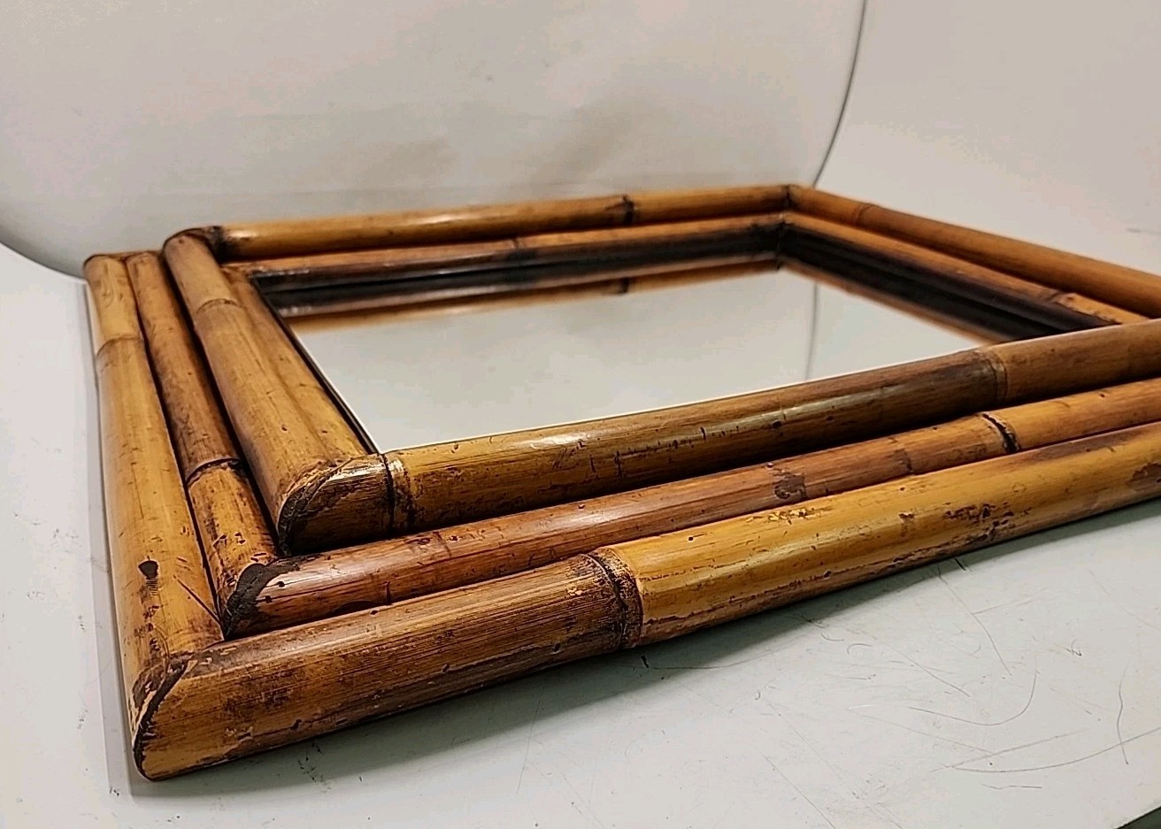 Vintage MCM Bamboo Wall Mirror 24"x20" Large. Asian Rustic Decor.