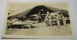 Vintage Photo Military Army Soldiers Sleeping Cot Cleaning Gun 2 3/4" x 4 1/2"