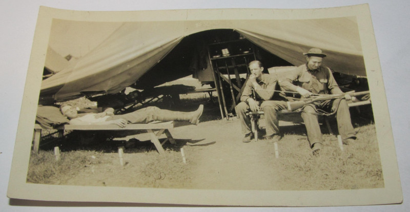 Vintage Photo Military Army Soldiers Sleeping Cot Cleaning Gun 2 3/4" x 4 1/2"