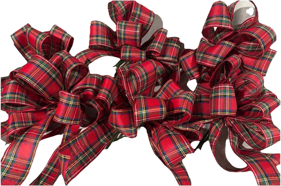 Set Of 6 Large Christmas Bows Plaid Fabric Ribbon Wired 10” 9 Loops 10” Tails - Image 4 of 4