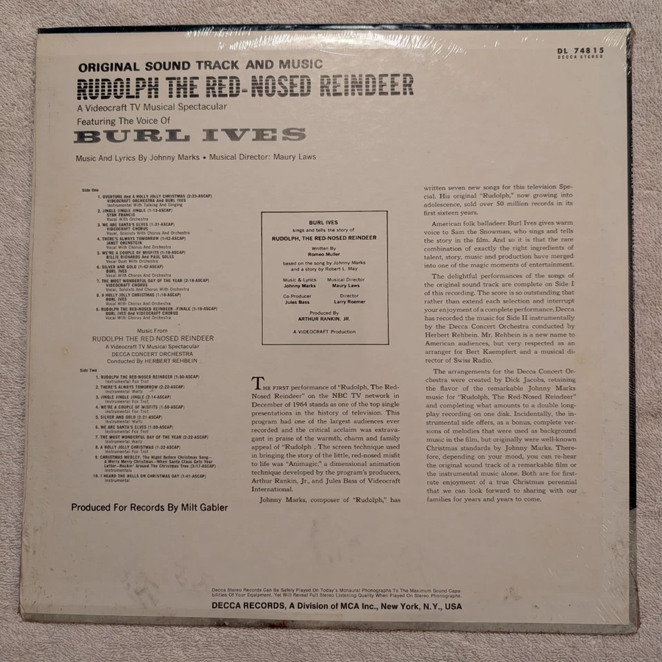 SEALED Burl Ives Rudolph the Red Nosed Reindeer Soundtrack LP DL 74815 Decca - Image 3 of 4